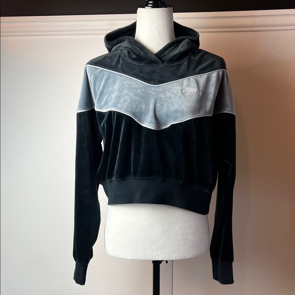 Nike Heritage Crop Velour Black and Grey Hoodie